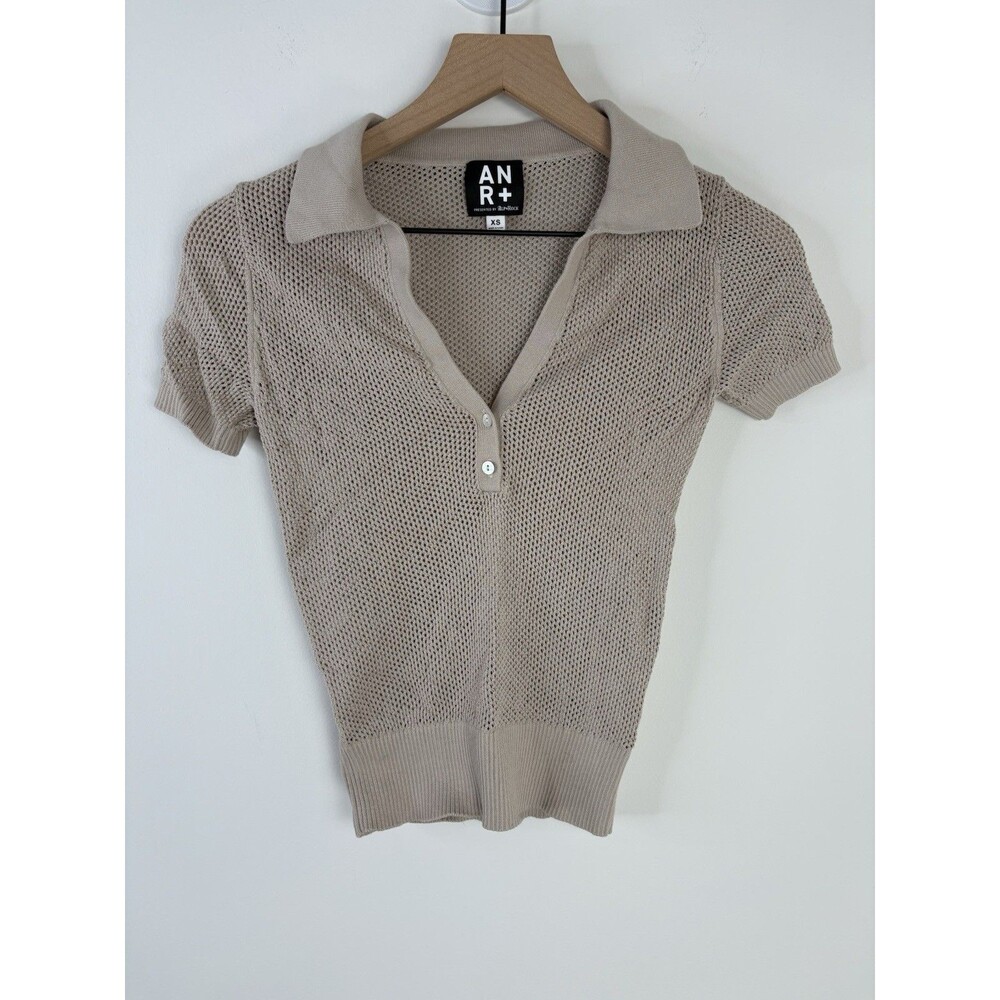 Alp N Rock Mesh Henley Top (Sz XS) Brown Sheer Polo Short Sleeve Open Knit